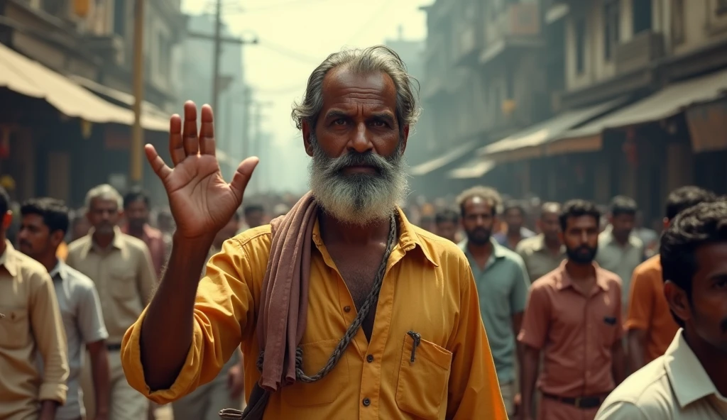 India's old calcutta , a man (farmer type) standing so far from camera on the hight and other people seeing them . The man showing hand up with many more members 