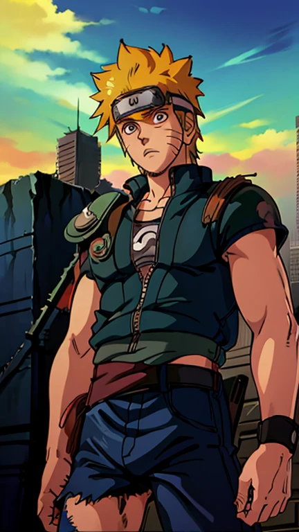 (Teens:1male: uzumaki naruto), (extremely detailed CG unit 8k wallpaper),(master part), (best quality), (ultra detail), (best illustration),(post-apocalypic_fashion), cowboy shot, (Sharp eyeliner, ombre, detailed eyes:1), post- apocalypic abandoned building background, ,break , (HNKstyle), upper body, yellow hair,