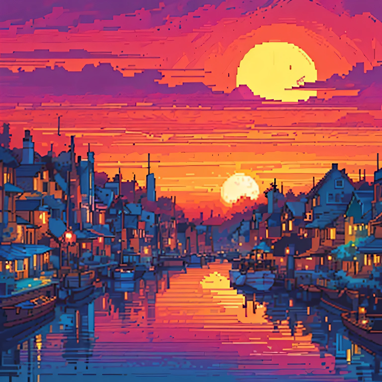 a painting of a sunset over a river with boats on it, kilian eng vibrant colors, highly detailed 4 k art, kilian eng vibrant colors, detailed artwork, high quality works of art, beautiful detailed pixel art, sunset illustration, Bela arte UHD 4K, 8k high quality detailed artwork, 4 k highly detailed artwork, sunset glow