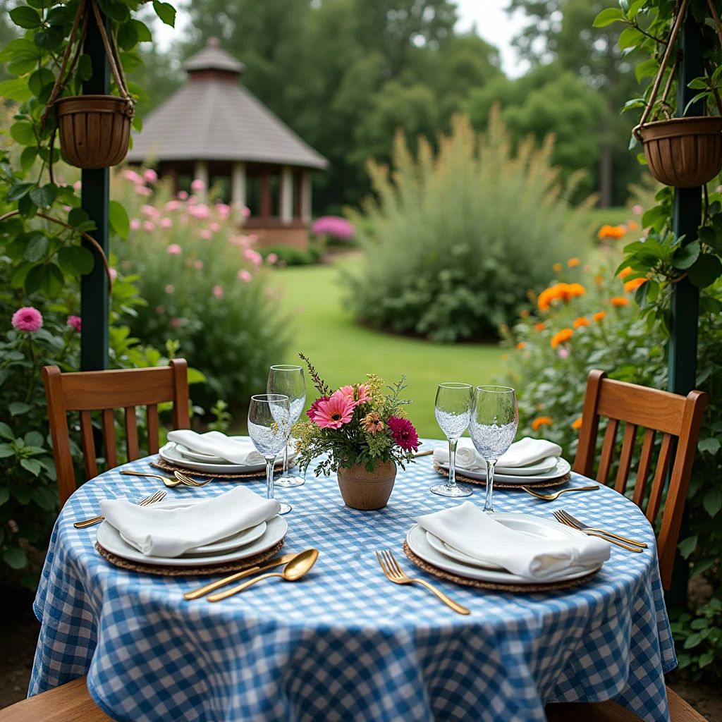 Garden table in foreground with blue checked tablecloth low angle