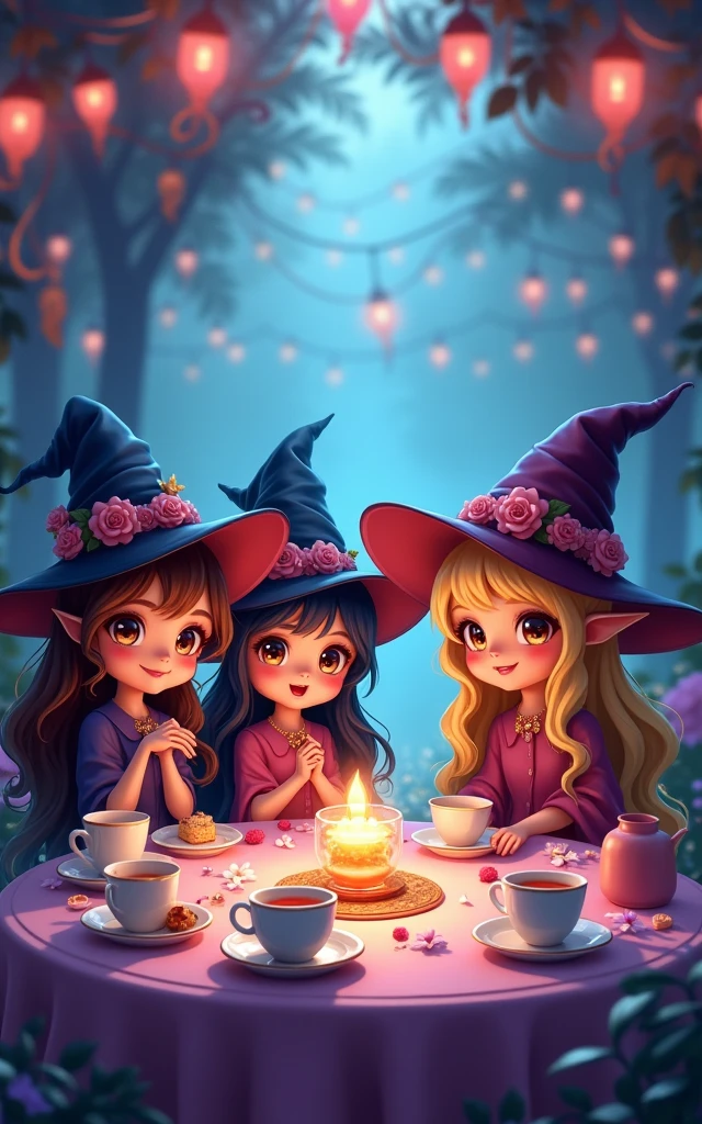 Masterpiece, best quality, wizard tea party, magic tea party, magic, chibi, handsome witches, highly detailed realistic eyes, happy, vibrant, colorful,