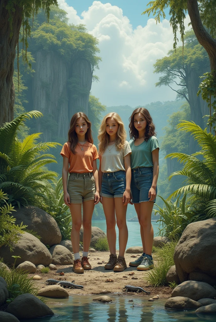 create an image that shows what the earth looked like (including fauna and flora) in the Silurian period and add three teenage girls to the landscape (one with brown hair, one with blonde hair and the other with dark brown hair0, make this art in realistic style make the girls face the camera
