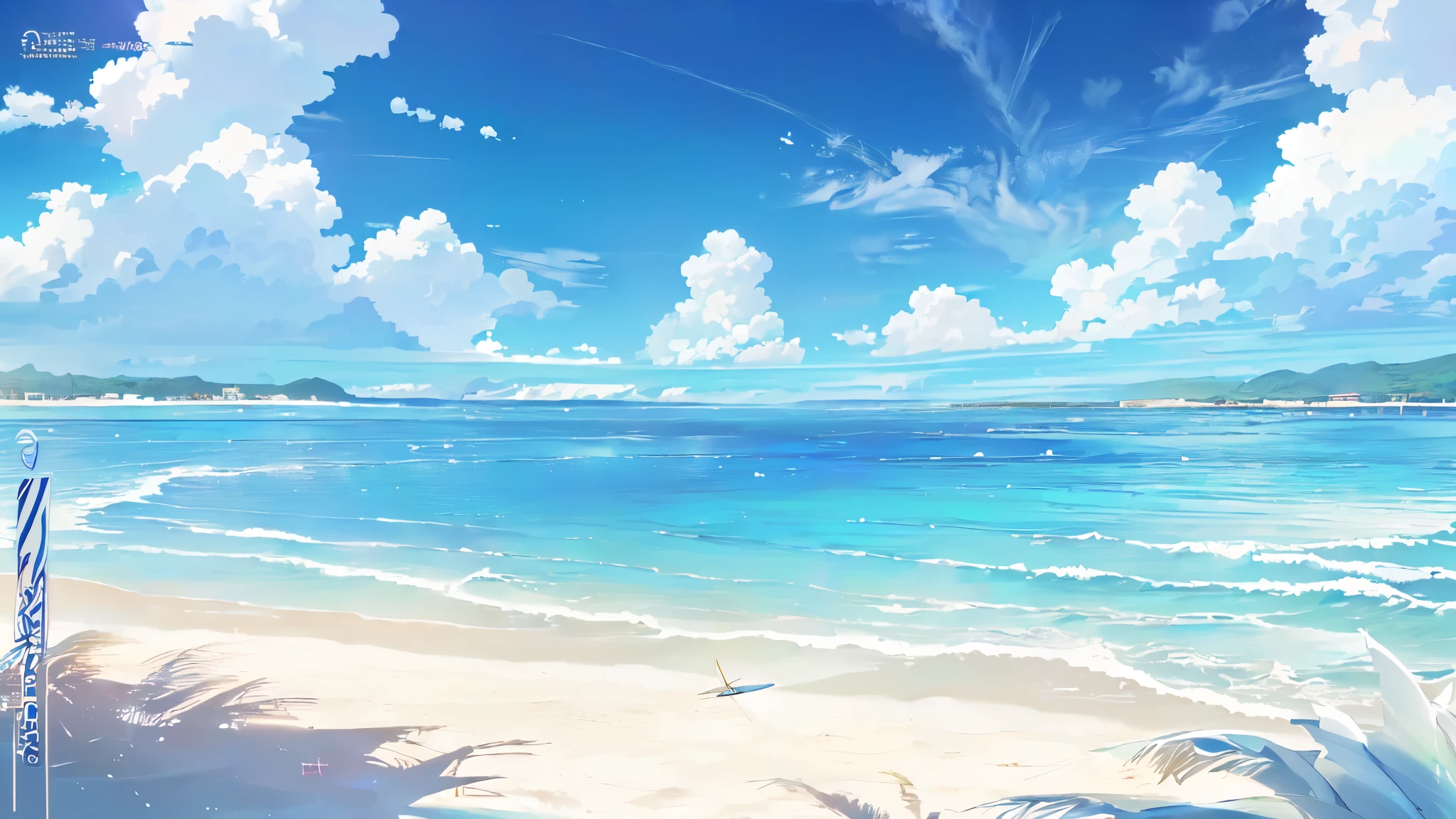 There is a photo of a beach with a surfboard on it., beach landscape, playa tropical, beach background, beautiful beach, anime beautiful peace scene, animated background, sunny day at beach, animated landscape wallpaper, playa tropical paradise, beautiful anime scenery, white sand beach, calm sea and beach background, animated landscape, beautiful anime scene, animated background art, beach scene