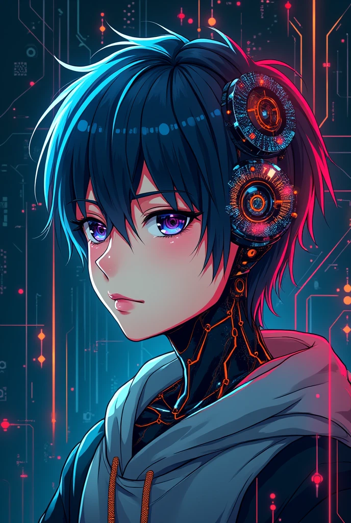 Create a logo image for your Facebook page profile ( technological color image, that has to do with school, education, book reading, newspaper, cellular, computer) put in the logo, the face of an anime style boy, the boy's face, metade humano, half robot.