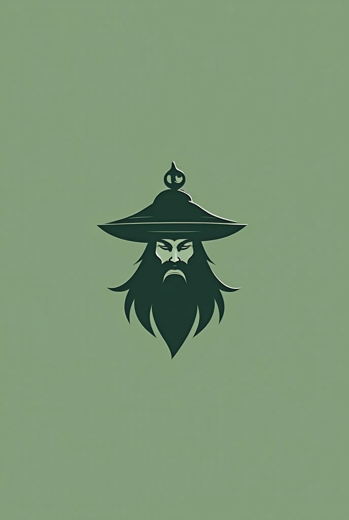 Green minimalist logo with a hero similar to the earth spirit from the game Dota 2 in a Japanese hat with a beard and a signature at the bottom Right Click
