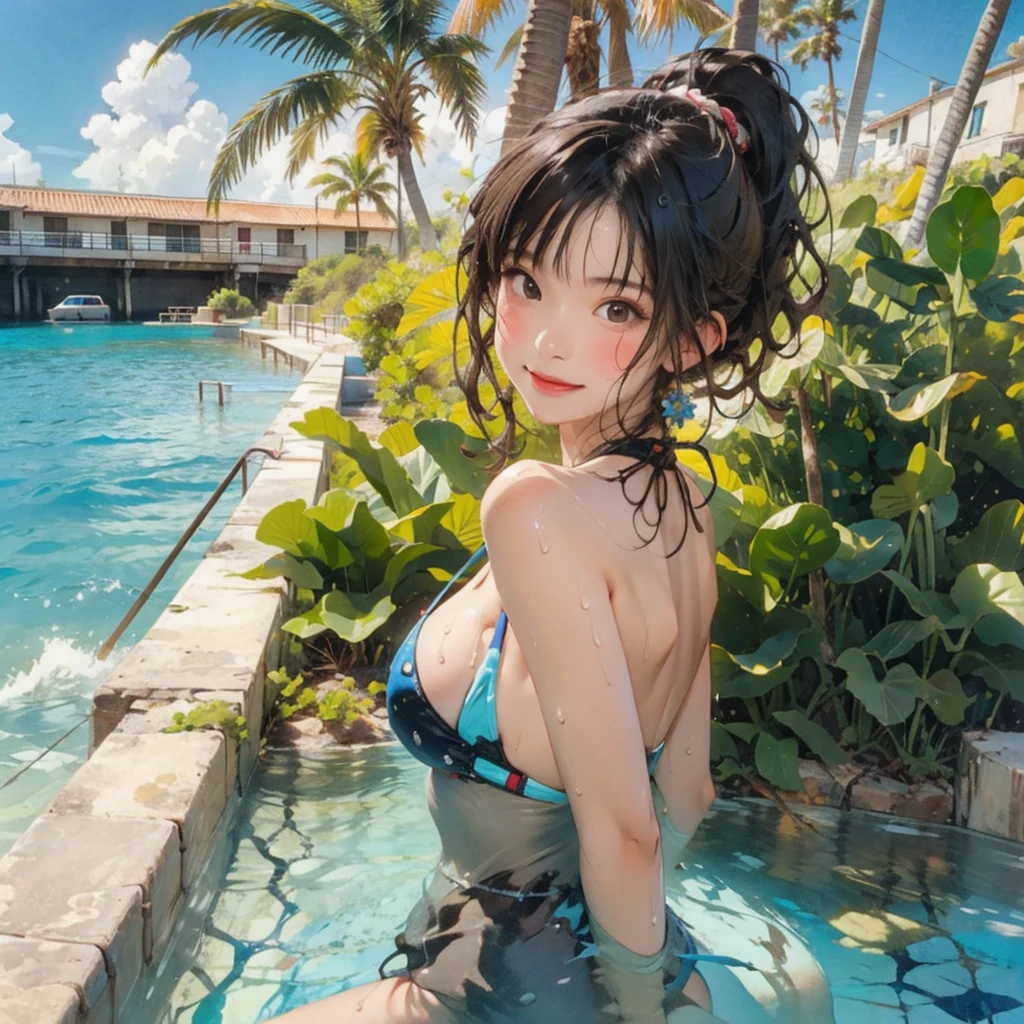 ((highest quality, masterpiece, High resolution)), ((reality)),Photos of beautiful Japanese women,((anime art))、 (((1 girl))), normal size breasts, slim body shape, long ponytail,double eyelid, Wet see-through micro bikini, A pareo with bold ethnic patterns and plenty of primary colors、(Brown skin:1.4),realistic skin、Wet,whole body,cinematic light、tropical、Against the background of palm trees on both sides、on a sunny beach、With the sea in the background、blur background、smile
