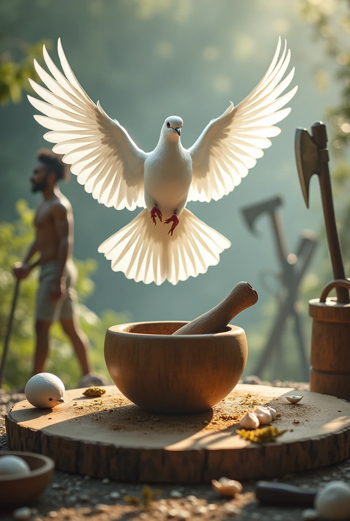A white pigeon flying over a wooden pestle and mortar. In the background, Oxaguiã&#39;s weapons
