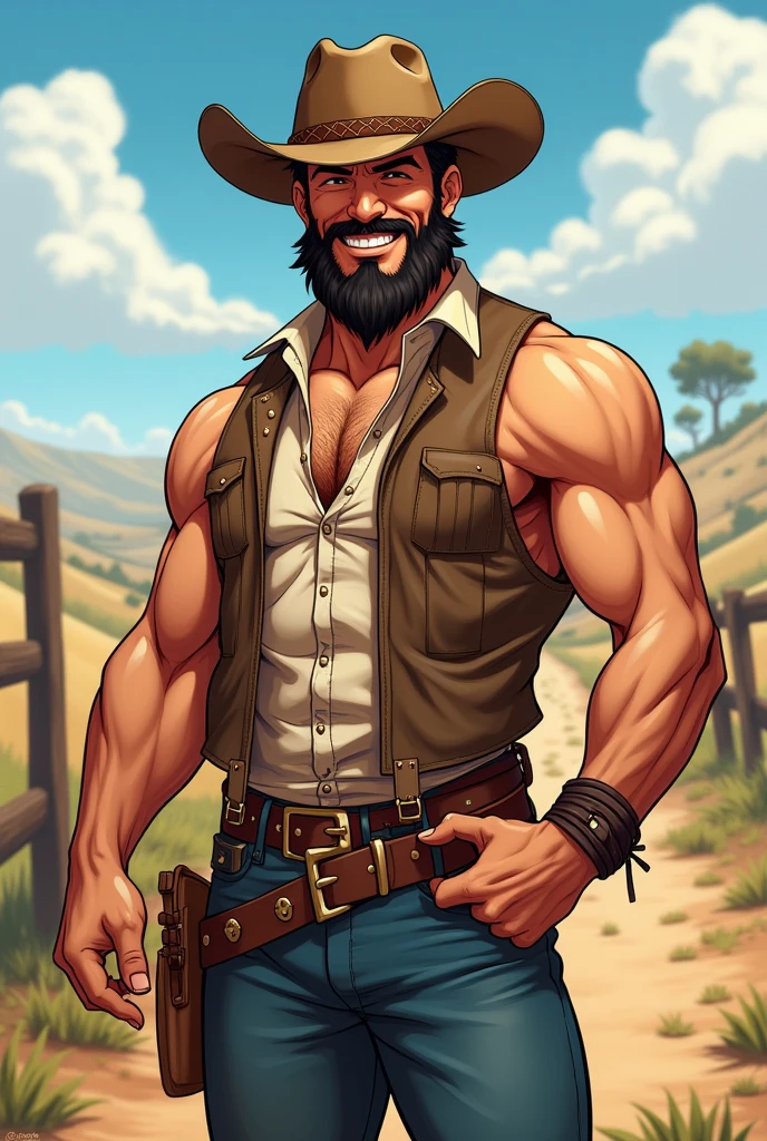 Anime male. Muscular. Beard. Cowboy. Cowboy hat. Country man. Southern man. Happy