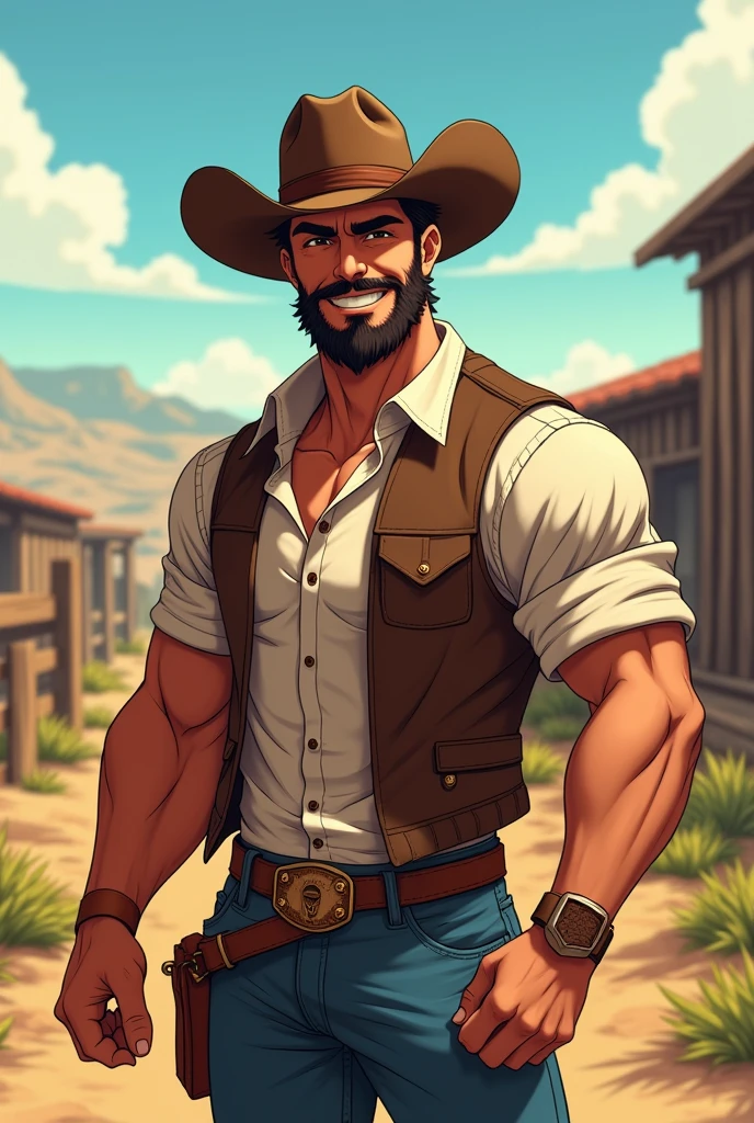 Anime male. Muscular. Beard. Cowboy. Cowboy hat. Country man. Southern man. Happy