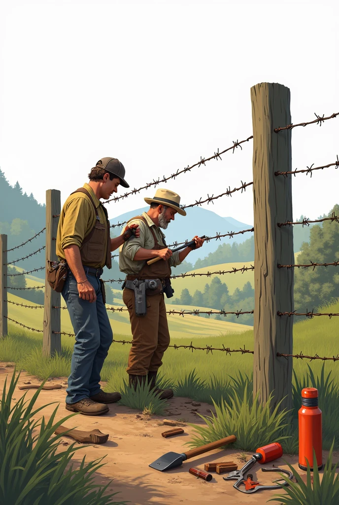 I want you to create a drawing that depicts two people in a rural setting.. The two people building a fence with barbed wire. I also want you to add the workers' work tools and a thermos of water in one place.. and that the background is transparent