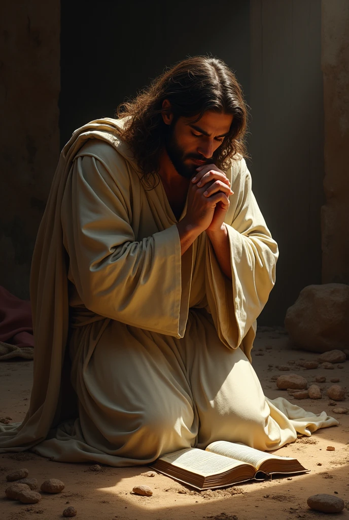 Jesus Christ kneeling in solemn prayer for the afflicted, holding a small weathered scroll of scripture at his side, placed in a serene, dimly lit environment suggestive of a humble dwelling, ambient light casting a warm, divine glow over the scene, detailed wood and fabric textures, subtle reflections, Digital painting, ultra clear, dramatic lighting, a bible in front of you on the floor