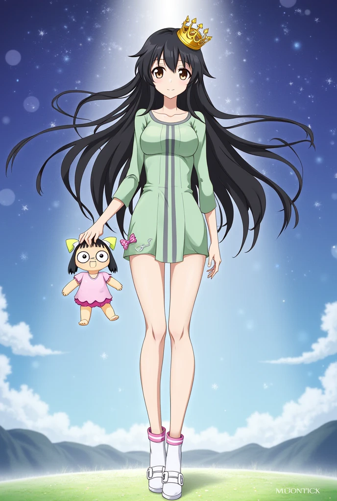 anime wallpaper; Bungou stay dogs, , black hair, big hazel eyes, She wears a tight-fitting light green dress with grey stripes, wears white socks, white shoes with velcro and pink. loose wavy hair, ugly doll in her left hand, celestial diadem.