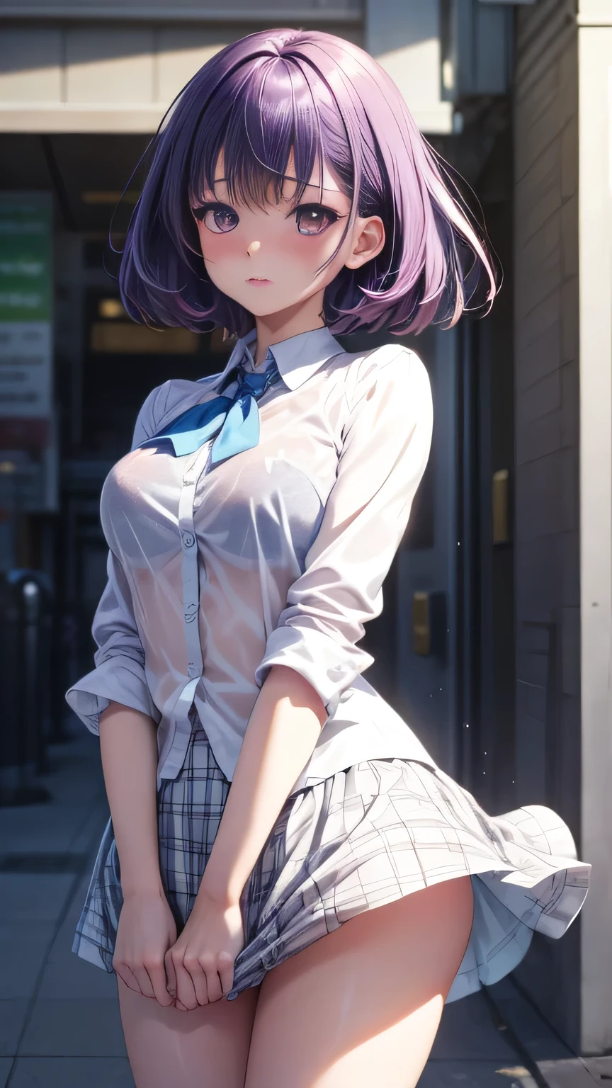 (Very detailed CG Unity 8K wallpaper),(masterpiece), (Highest quality), (Very detailed), (Best illustrations),(Best Shadow)、Large Breasts、crowd、The wind lifts the skirt(See-through white underwear、Streaks are visible 1.2)、Embarrassed and blushing。Purple eyes and very short purple hair、White blouse、Blue tie、Checked mini skirt、Beige cardigan、Dynamic Angle