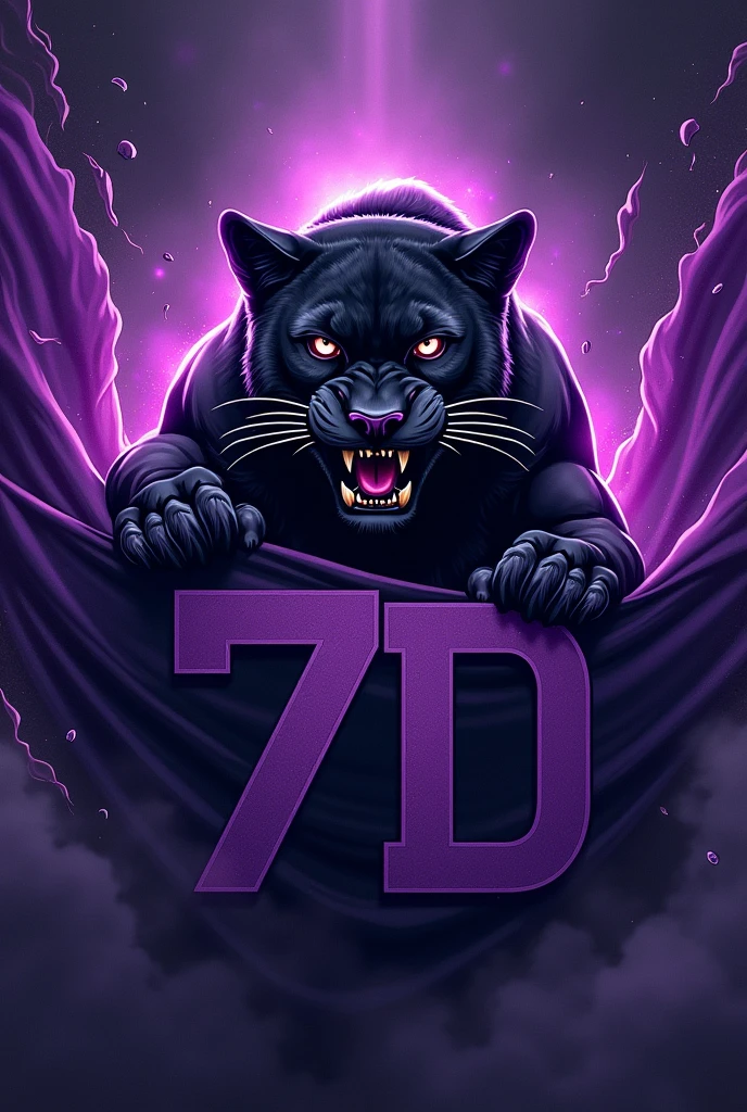 Make an image for an interclass volleyball flag with the colors black and purple with a black panther, a large flag to the sides, not upwards. Remove those curtains from the side and put realistic rays in black and purple and purple and darker, and I want it to say 7D, it says 7D and the panther has to be more realistic. Make it with more special effects and the 7D has to appear more. The 7D has to appear much more.