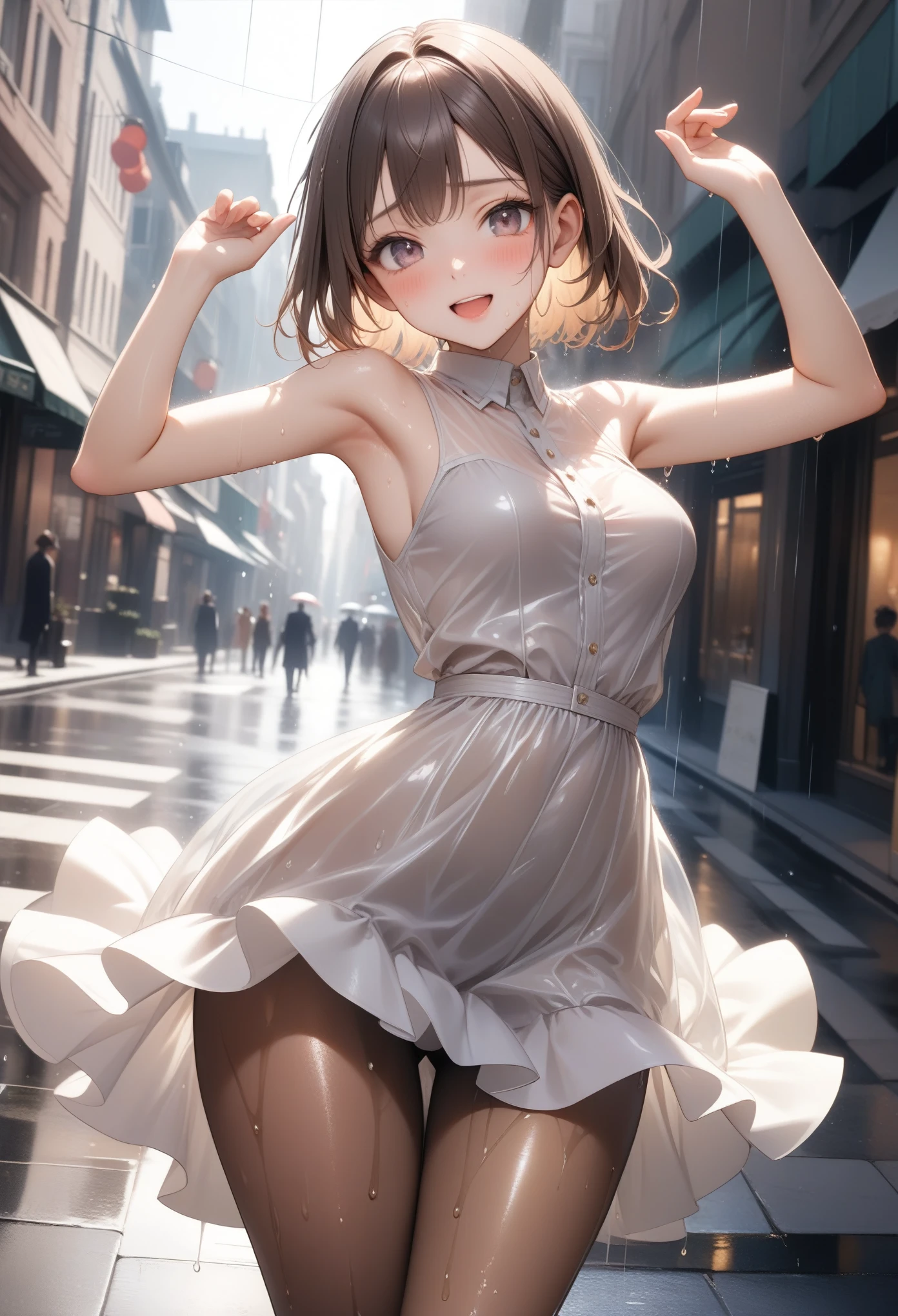 (((Rainy day in town))), Very wet from the rain, ((Fashion Model), (((A formal dress that is wet and transparent from the rain))), (skirt), (pantyhose),)), , ((Shiny Costumes)), skindentation, skinny, solo, 1 woman, Masterpiece, highest quality, highest quality, 16K, incredibly absurd, highly detailed, 2.5D, ai-generated, delicate and dynamic, very delicate facial expressions, delicate eye depiction, erotic, only sexy woman, ((A cute and kind face)), healthy figure, ((25-year-old woman)), 160cm tall, medium firm swaying bust, Sweat,Embarrassed,sexy, ((thin thighs)),, (camel toe:0.7), , (Erect nipples,:0.7), shiny and lustrous, facing straight at viewer, (((in heat))), ((Oily_skin)), ((Lots of sweat)), (((Brown Skin))), ((dutch angle)), ((erotic pose)), ((City sidewalk in midsummer)),, (((Very dynamic pose))),