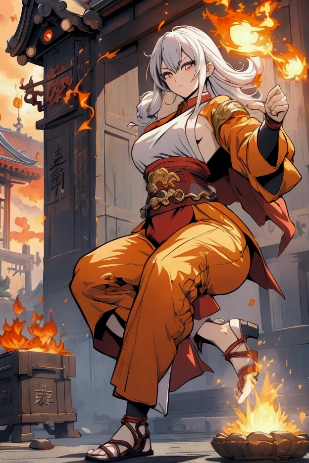 anime style, fighting game female fire monk, chinise fightning clothing, action kick pose, fire elemental, fire manipulation, temple background, gorgeous anime woman