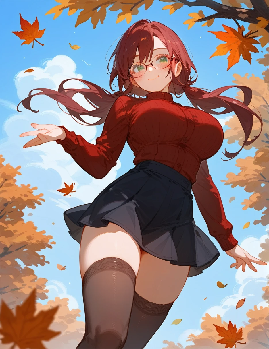 (from below:0.4), autumn, score_9_up,score_8_up, 1girl, solo, green eyes, burgundy hair, twin low tails, long hair, ((blush)), closed mouth, smile, big breast, pose, (thin girl:1.2), (leaves), glasses, black skirt, stockings, blue sky
