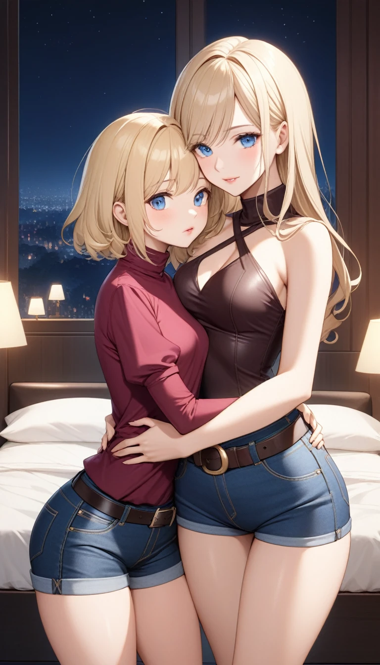 Two beautiful ladies ((lady 1: 35y old mom, with short straight blonde hair, lady 1 with blue eyes and caucasian skin, lady 1 wearing Tight Jean Shorts and Leather Belt, lady 1 Sexy Criss Cross Mock Neck Mid Sleeves Beige Blouse)), ((lady 2: y old daughter, with short straight blonde hair, lady 2 with blue eyes and caucasian skin, lady 2 wearing Tight Jean Shorts and Leather Belt, lady 2 Sexy Criss Cross Mock Neck Short Sleeves Burgundy Blouse)), luxurious jewelry, 18k gold wedding ring on left hand, standing in their bedroom at night, hugging and kissing each other, (light brown lipstick), (elegant mascara), (slim body), (small breasts), (wide hips), endjourney, <lora:GoodHands-, <lora:GoodLegs-, UHD, high resolution, (expressive eyes, perfect face, full body, expressive face, perfect body, perfect pussy, athletic, fit, slim body, blushing, Perfect makeup, eyeliner, beautiful eyelashes, smiling, horny face), ((best illumination, best shadows)), ((sexy pose)), ((Front pov:1.1))