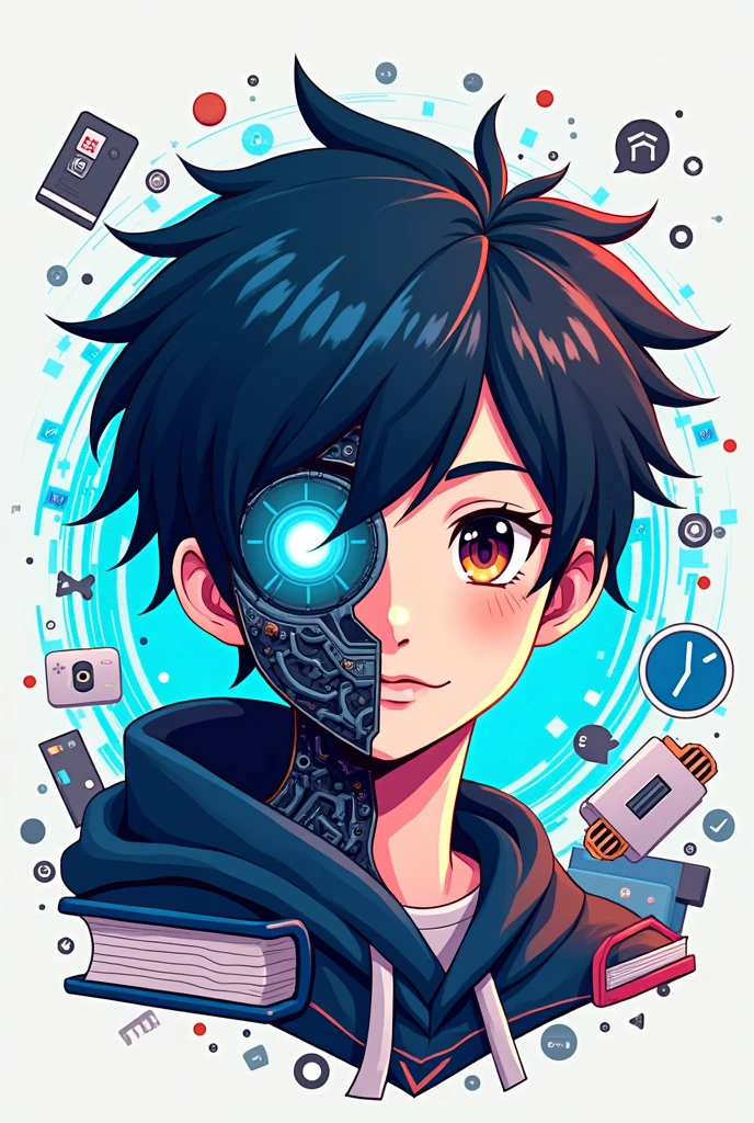 Create a logo image for your Facebook page profile ( technological color image, that has to do with school, education, book reading, newspaper, cellular, computer) put in the logo, the face of an anime style boy, the boy's face, metade humano, half robot.