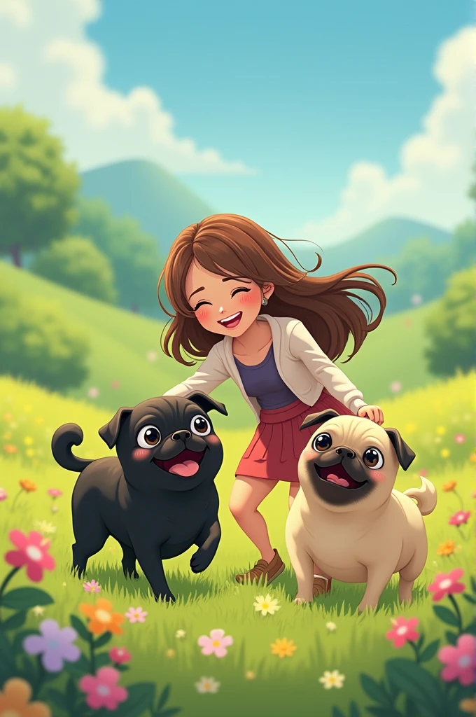 Anime cartoon black pug and brown pug in the field with a woman with brown and blonde hair In the field with flowers