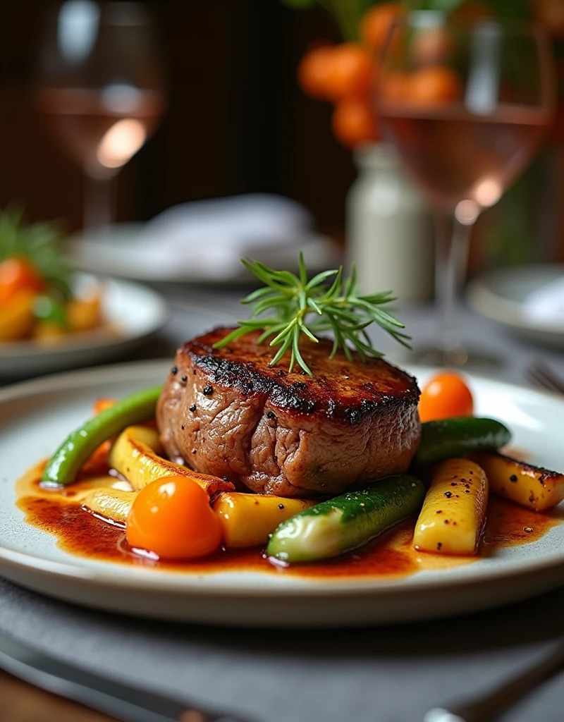 "In an elegant and welcoming atmosphere, An impeccably set table displays an exquisitely presented dish. A white plate carries a selection of fresh and colorful ingredients, with a soft and juicy meat as the protagonist. Around the plate, A garnish of roasted vegetables and a creative sauce give the finishing touch to this culinary masterpiece.."
What do you think of this description?? Do you think it would work well for the photo you want to generate??