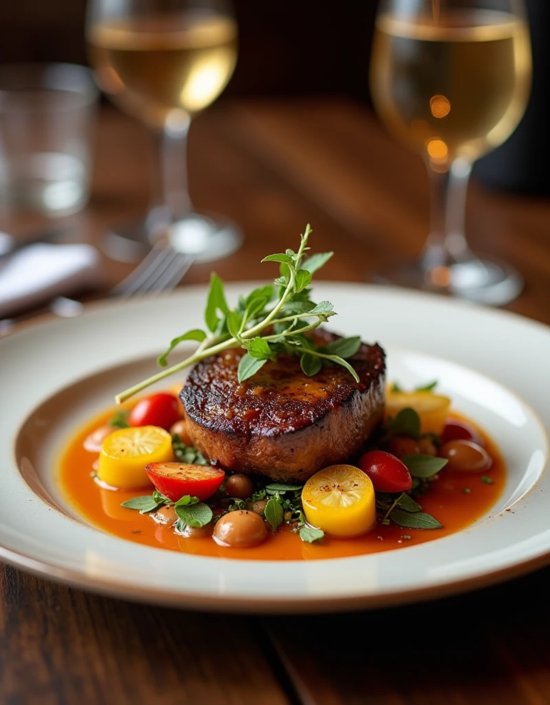"In an elegant and welcoming atmosphere, An impeccably set table displays an exquisitely presented dish. A white plate carries a selection of fresh and colorful ingredients, with a soft and juicy meat as the protagonist. Around the plate, A garnish of roasted vegetables and a creative sauce give the finishing touch to this culinary masterpiece.."
What do you think of this description?? Do you think it would work well for the photo you want to generate??