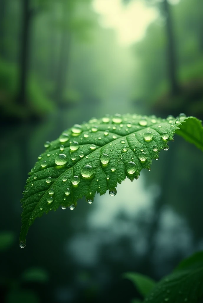 A close-up of a leaf covered in water droplets, with a distorted reflection of the forest.