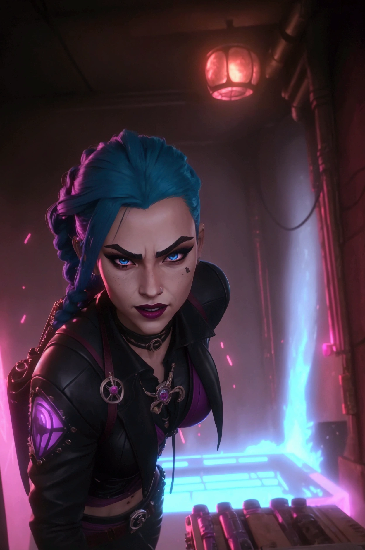 cinematic still image, Jinx League of Legends, dynamic pose, detailed face, bright blue hair, smirking expression, red lips, light blue contact lenses, heavy eye shadow, thick eyeliner, prominent blush, black leather bra, black leather leggings, panties, braided belts, metal accents, rivets, armored plates, shotgun, detailed wooden warehouse, metal decorations, black backpack, red cord, chaotic background neon pink-purple tones, action shot, bright lighting