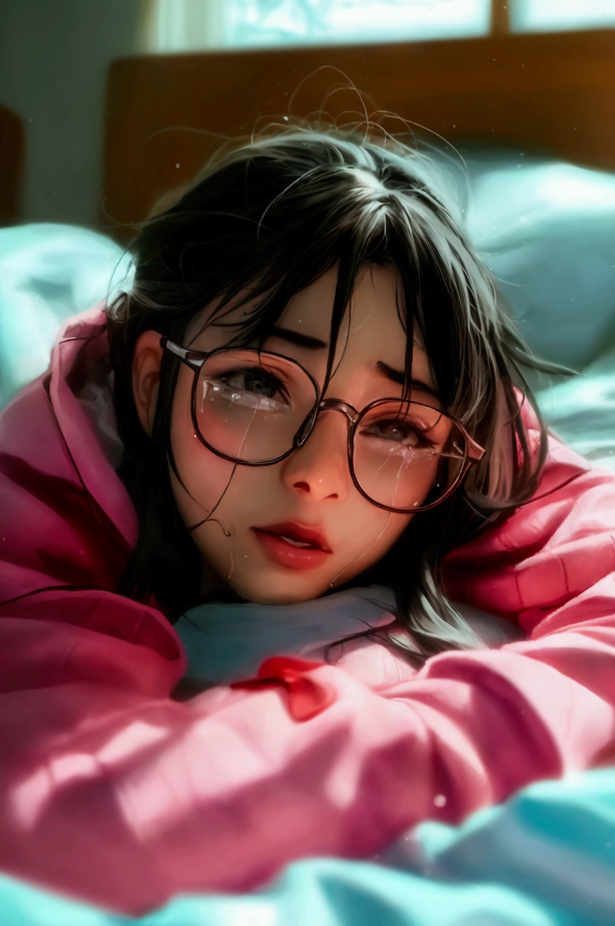 Nerdy girl lying on a bed wearing glasses sweatshirt shorts and long socks with shoes while crying on the bed