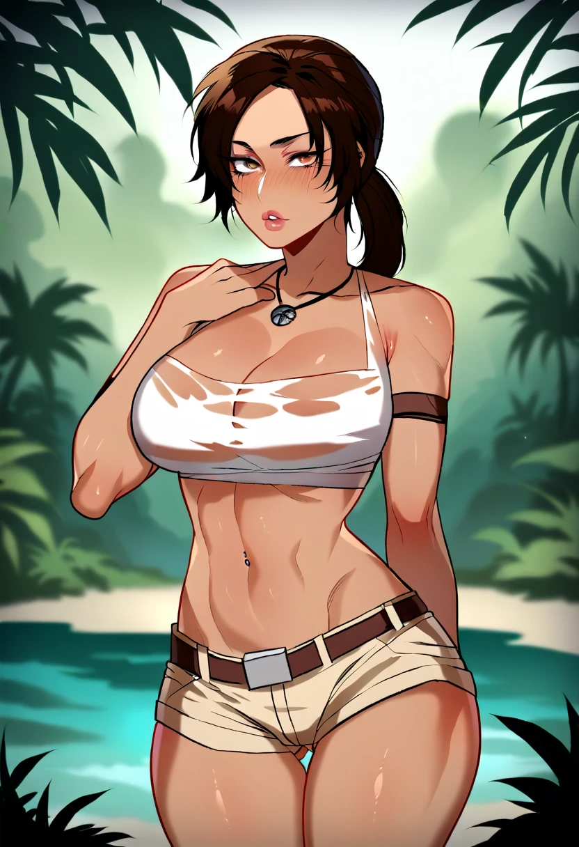 score_9, score_7_up, BREAK 1girl, solo, lara croft, large breasts, crop top, beige shorts, tan, toned, jungle,