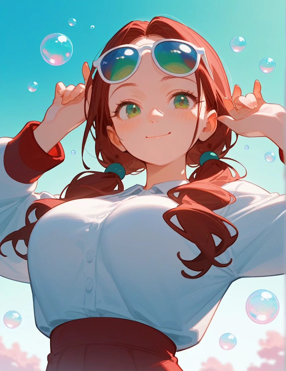 (from below:0.4), score_9_up,score_8_up, 1girl, solo, green eyes, burgundy hair, twin low tails, long hair, ((blush)), closed mouth, smile, big breast, pose, (thin girl:1.2), (bubbles), ((entertainment park)), glasses,