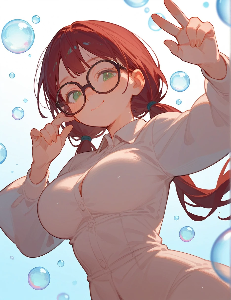 (from below:0.4), score_9_up,score_8_up, 1girl, solo, green eyes, burgundy hair,  twin low tails, long hair, ((blush)), closed mouth, smile, big breast, pose, (thin girl:1.2), (bubbles), ((entertainment park)), glasses, 