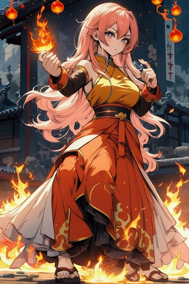 anime style, fighting game female fire monk, chinise fightning clothing, action kick pose, fire elemental, fire manipulation, temple background, gorgeous anime woman, big anime eyes, cute anime face