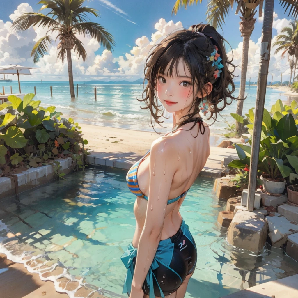 ((highest quality, masterpiece, High resolution)), ((reality)),Photos of beautiful Japanese women,((anime art))、 (((1 girl))), normal size breasts, slim body shape, long ponytail,double eyelid, Wet see-through micro bikini, A pareo with bold ethnic patterns and plenty of primary colors、(Brown skin:1.4),realistic skin、Wet,whole body,cinematic light、tropical、Against the background of palm trees on both sides、on a sunny beach、With the sea in the background、blur background、smile