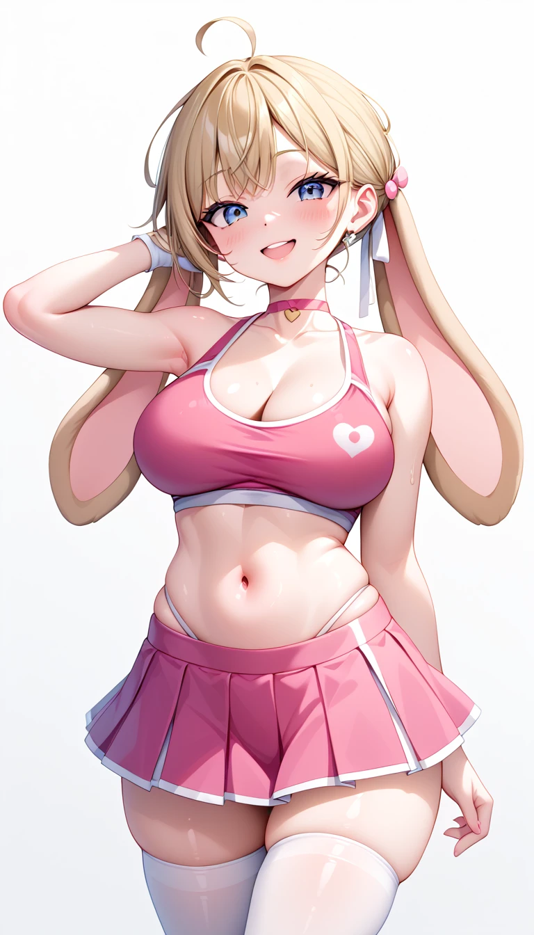 Large breasts，Lop，sporty attire，brassiere，clavicle，navel，，a skirt，Smiling, sweetheart, chubbiness  :1.2)(Clean the skin)(Happy)][(clothes inspired by &cite;Minnie&cite;) , KIDS ILLUSTRATION , clean backdrop]