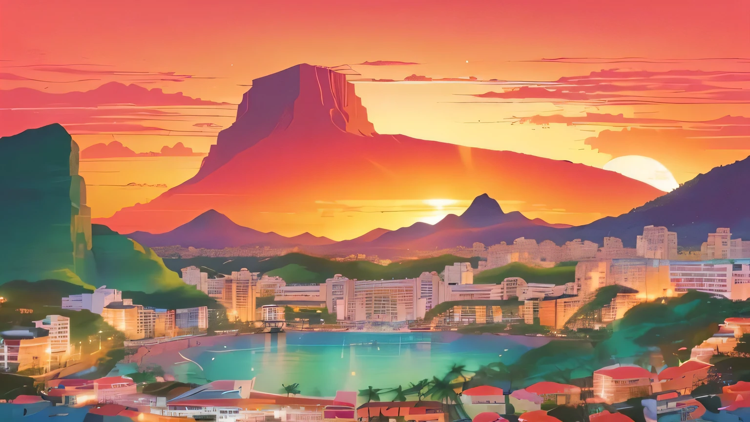 Riu, brazil, sunset, mountainscape, citys, water, sunset, sunset, sunset beach, sunset, sunset, sunset, sunset, Riu de janeiro in an anime film, just a joke, por Trevor Brown, Riu de janeiro, by Camilo Mori, by Felix Arauz, por Jason Benjamin, by Rodolfo Amoedo, by Lucas Vorsterman