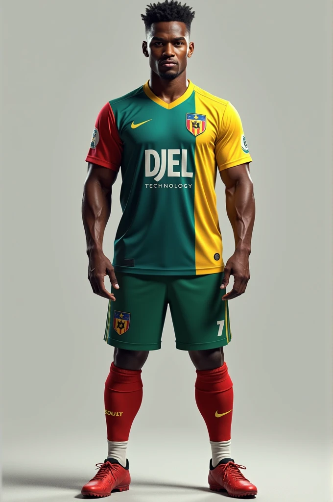 Un joueur de foot avec le maillot de la République Démocratique du Congo avec mention DJEL TECHNOLOGY 
