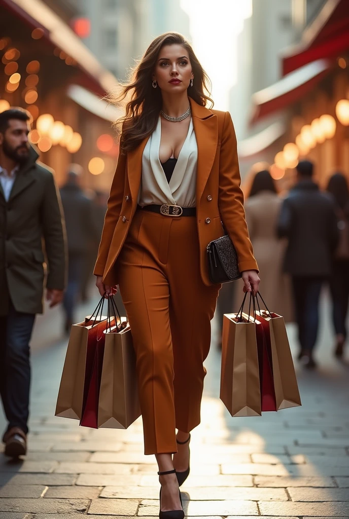 Elegant fat woman with shopping bags in both arms
