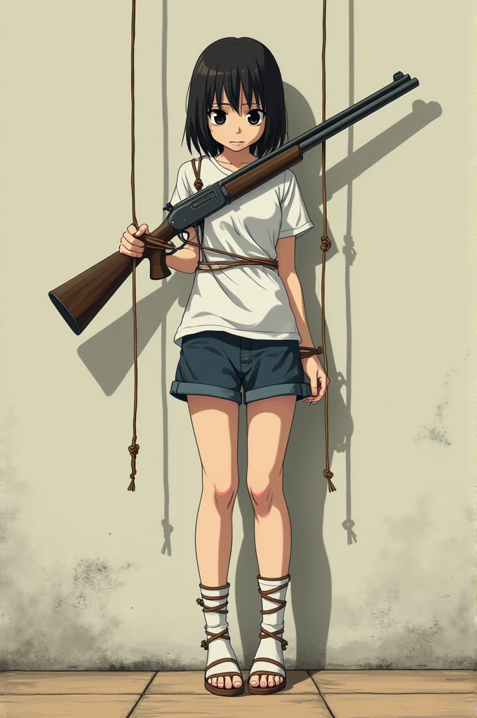Make a 16 year old girl tied hand and foot with threads, and those threads are connected to the trigger of a shotgun. I want the drawing style to be like that of 80s animes. The girl has to be tied to a wall, on tiptoe, that the feet do not reach the ground. I want the threads to be visible, and the girl is depressed.