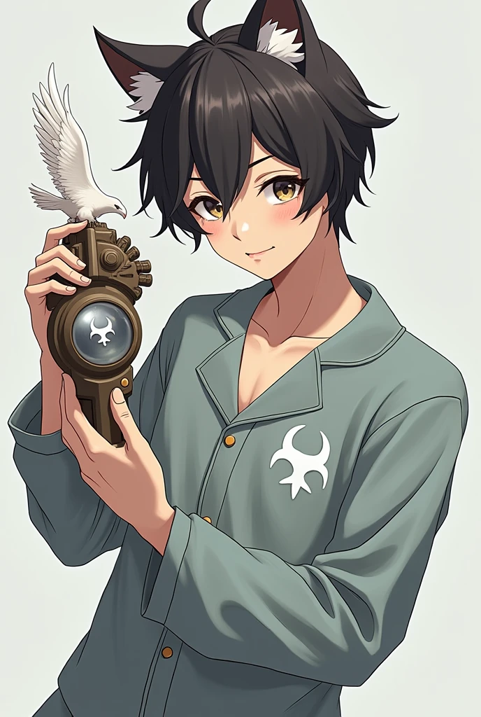 An anime-like character that looks like reality and is dressed in pajamas with an ump in his hand with a white eagle on his side that has cat eyes and is a boy 23