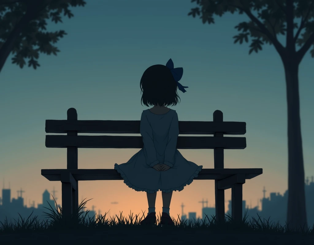 silhouette of girl sitting alone, on a bench, evening, bow in hair, silhouette only. knee length a-dress, long sleeves, frilled skirt.