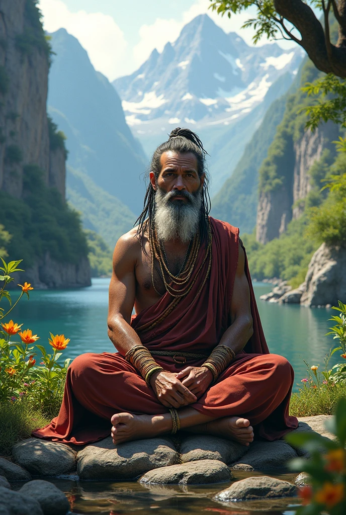 (photorealism:1.1), a shaman sitting contemplating the majesty of nature