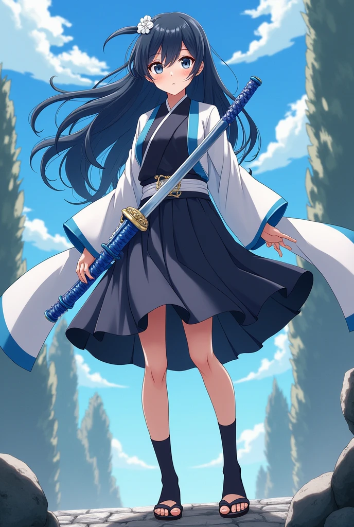 Kimetsu No Yaiba style anime woman with a medium size bust and wide waist.
Big gray eyes and long, straight navy blue hair.
Wearing the demon slayer’s uniform. A white belt and wears black socks and sandals.
a katana with a blue handle and a white haori with light blue edges.
A confident expression on her face