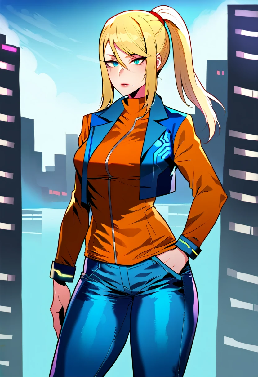 score_9, score_7_up, BREAK 1girl, solo, samus aran, jacket, shirt, jeans, city,