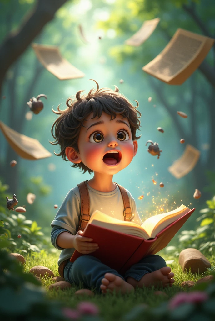 Anak yang takjub setelah membuka book yang dia pegang. cellphone, laptop, book, papers also float around him and look like a dinosaur imagination, animal, floating around him and a fantasy forest behind him