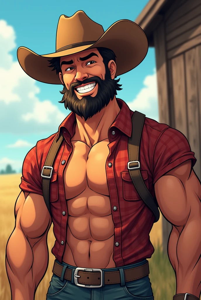 Anime male. Muscular. Beard. Cowboy. Cowboy hat. Country man. Southern man. Happy