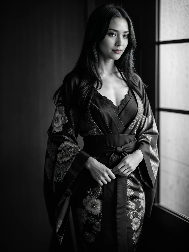 (masterpiece), (best quality), highly intricate details, (photorealistic:1), (1girl, wearing kimono), (dark photo:1.3), (dark tone low key film:1.5),(((dark tone low key film:1.4))), (dark photo:1.3), masterpiece, best quality, detailed slim legs, feet, dark background, standing, with perfect face, beautiful face, beautiful eyes, charming, ((young American female)), prestige, luxury, jewelry, intricate detail, full body angle shot, yakuza, traditional clothes, emphasizing, picture-perfect face, (supermodel:1.4),(kimono), (long black_hair:1), (mature female, perfect  body, correct proportions:1.1), perfect face, beautiful face, beautiful eyes, ((perfect  body)), fantasy, dreamlike, unreal, (rich:1.9), In the picture, exuding confidence and allure. The overall tone of the image is dark, ((medium size beautiful breast)), deep cleavage:1.2, big breast,

....Tall, athletic, Triangular face, Fair Skin, Long brown hair, hazel Eyes, [[Curved Nose]], Thick Lips, Round Chin, Instagram model, cheerful smile, medium breasts, coral stain lipstick,
Masterpiece, hi res, 8k, award winning, RAW photo, high quality, 35mm photograph, film grain, bokeh, professional, 4K, highly detailed, 