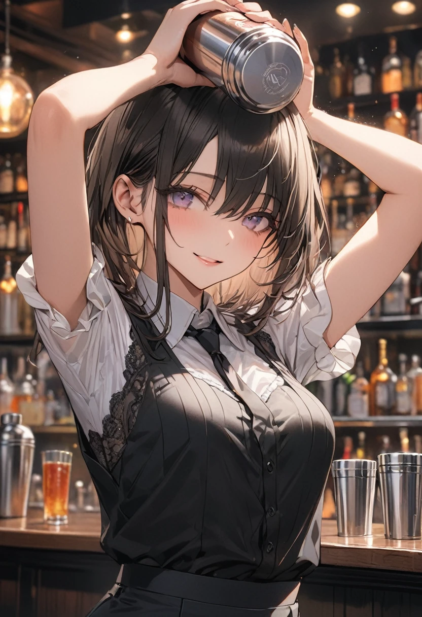 (((masterpiece,ultra detailed,absolutely resolution))),1girl,((Hold the 1shaker with both hands, arms up)),with Blouse shirt,layer of clothes,(bartender),dress pants