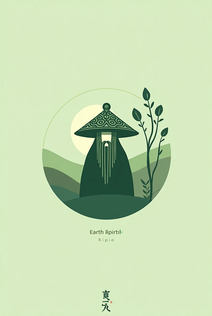 Green minimalist logo with a hero similar to the earth spirit from the game Dota 2 in a Japanese hat with a beard and a signature at the bottom Right Click