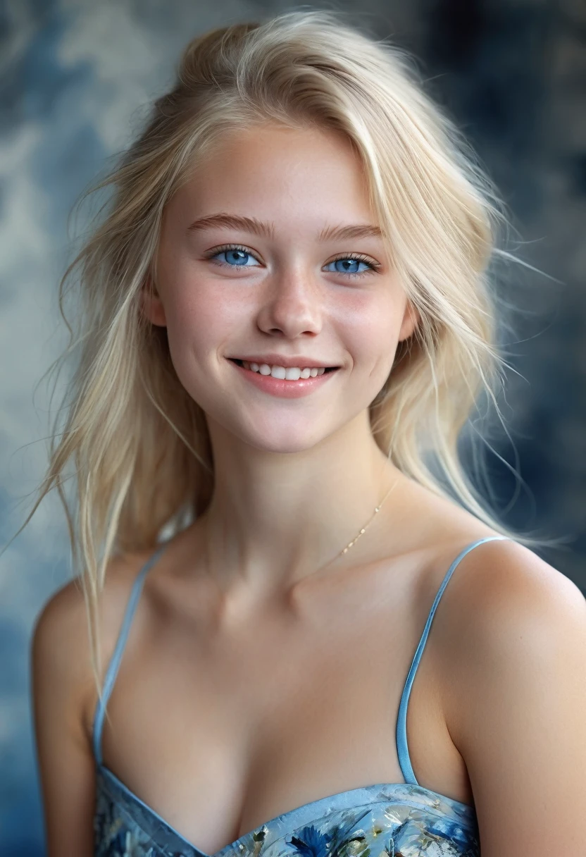 Portrait of a beautiful Norwegian age girl, breasts small, intricate dress, sorriso Soft, natural lips, long blonde hair with shaved sides , grey-blue eyes, 真实感, digitalpainting, conceptual artwork, Soft, sharp focus, rule of thirds, Psychostyle